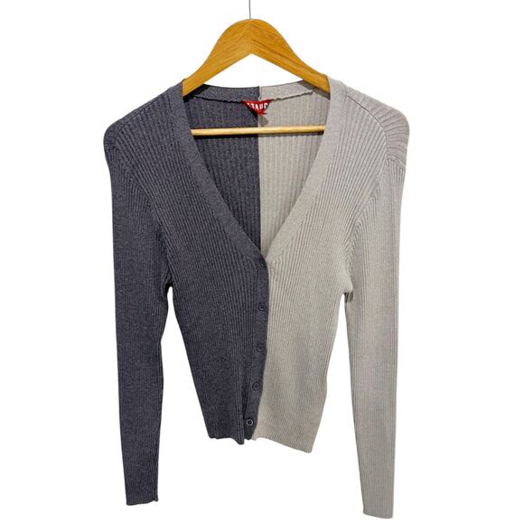 Staud Grey & Taupe Cargo Cardigan Colorblock Ribbed V-neck Sweater Large - Picture 7 of 7